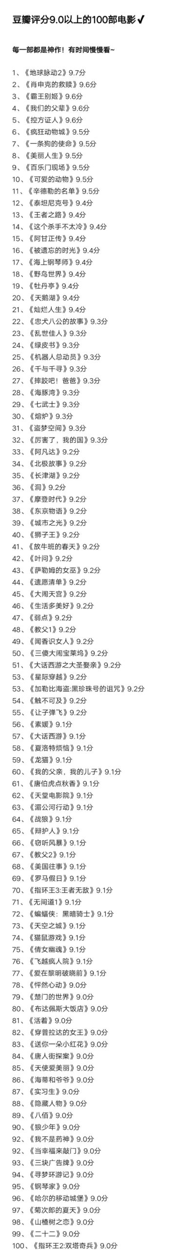 豆瓣评分9.0以上的100部电影